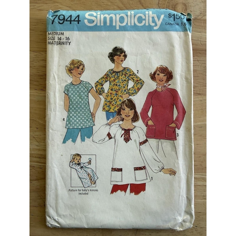 Simplicity Pattern 7944 Misses' Maternity Top Sz M, 14-16 + Infant Kimono OS CUT